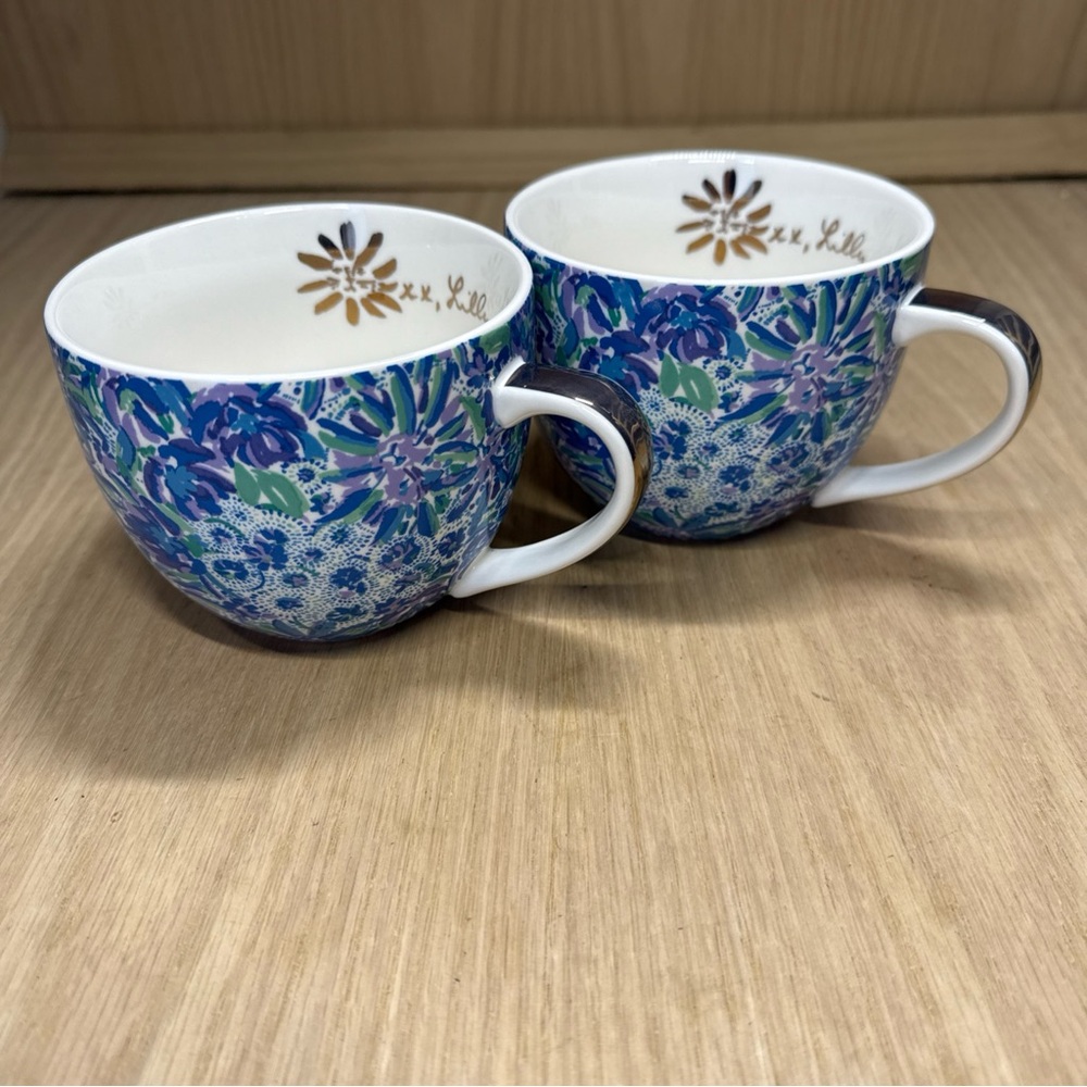 Lilly Pulitzer coffee cups blue floral with gold trim